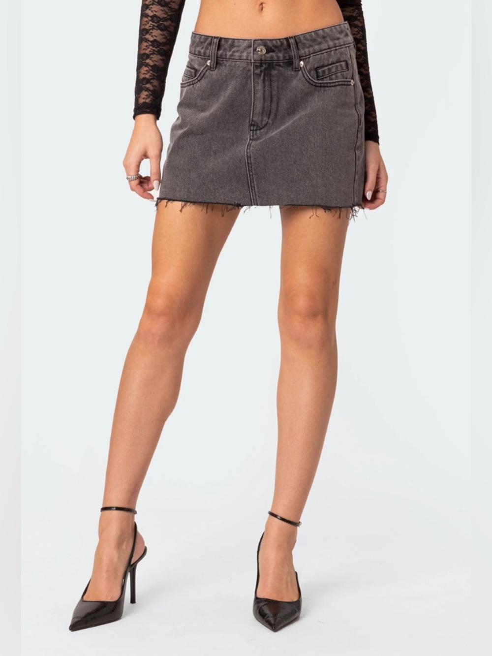 Edikted Jesse Washed Black Denim Mini Skirt - Casual Raw Hem